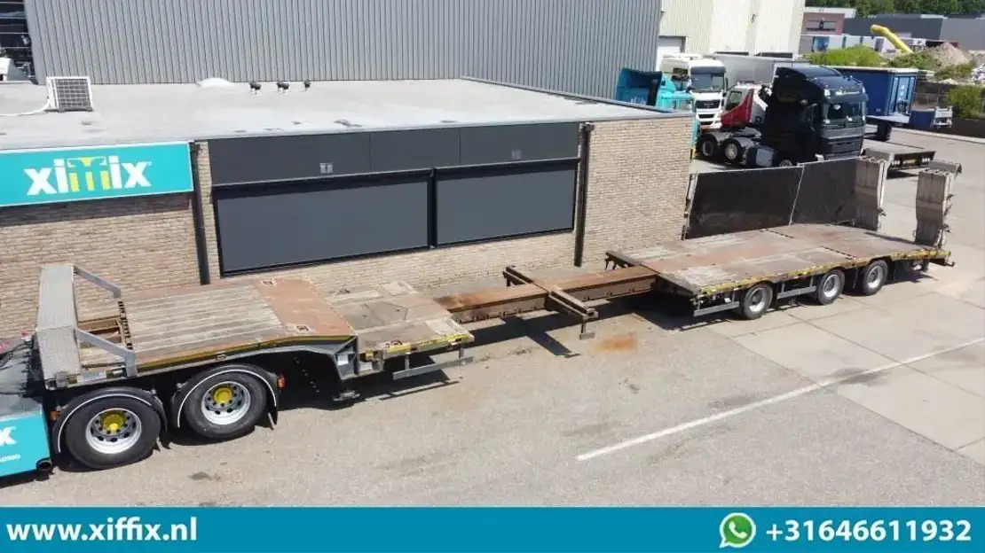 Meusburger 3-ass. Uitschuifbare semi dieplader met Alu. kleppen / Naloop gestuur - Nedbygget platform sættevogn: billede 1 Meusburger 3-ass. Uitschuifbare semi dieplader met Alu. kleppen / Naloop gestuur - Nedbygget platform sættevogn: billede 1