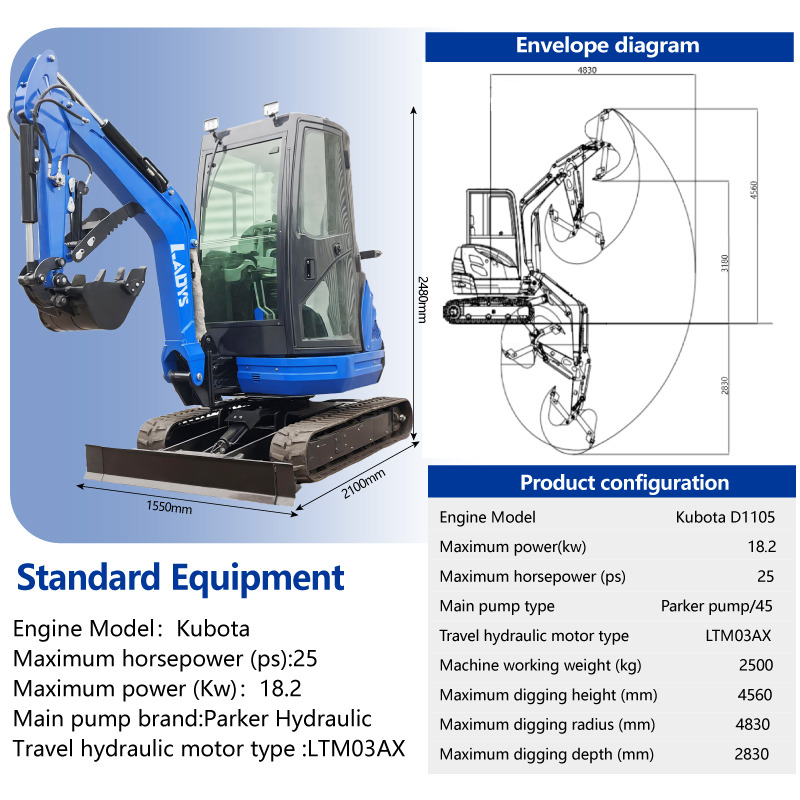 LADYS DY25U Mini Excavator CE Certification Kubota Engine(Factory Outlet) Mini Pelle Minibagger Minikoparka Miniexcavadora - Minigravemaskine: billede 2 LADYS DY25U Mini Excavator CE Certification Kubota Engine(Factory Outlet) Mini Pelle Minibagger Minikoparka Miniexcavadora - Minigravemaskine: billede 2