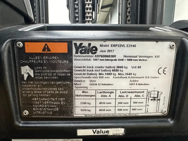 Yale ERP22VL 2.2 ton Triplex Freelift Sideshift Elektra Heftruck Accu 2022 - El gaffeltruck: billede 5 Yale ERP22VL 2.2 ton Triplex Freelift Sideshift Elektra Heftruck Accu 2022 - El gaffeltruck: billede 5